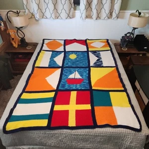Hand Made Crochet Afghan - Nautical Theme, Sailboat, Flags (52" x 78") - Picture 1 of 5