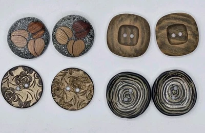 Lot of 8 UNIQUE Buttons 2 each of Different Designs - Resin, Polyester, Coconut - Image 1 of 4