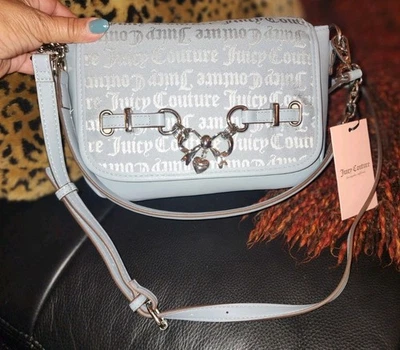 Juicy Couture Darling Flap Xbody Silver Bow Lt Denim Blue Jacquard Purse $89 NWT - Image 1 of 4