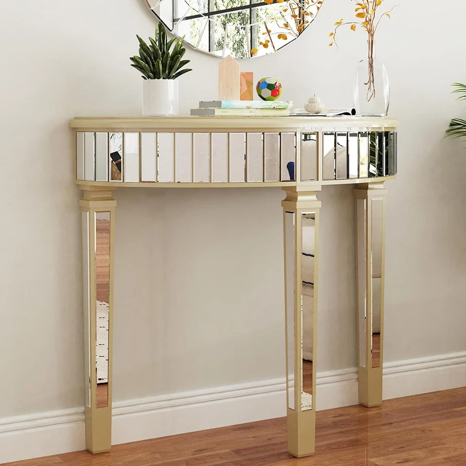 Elegant Mirrored Half Moon Console Table 90x35x80.5cm - Chic Hallway Decor - Image 1 of 4