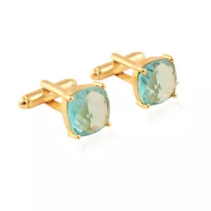 Handmade Sky Blue Quartz Yellow Gold Plated Prong Set Men's Jewelry Cufflink - Picture 1 of 3