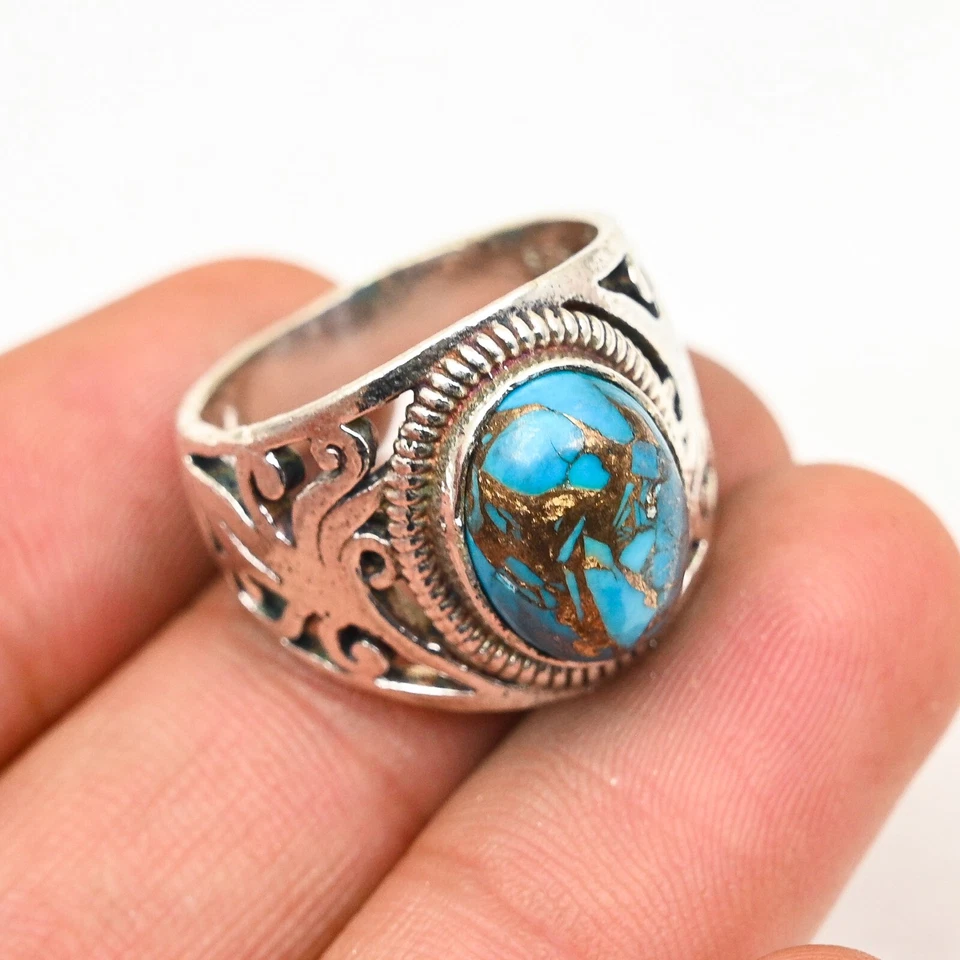 Hermoso anillo para hombre azul cobre turquesa plata de ley 925, todas las tallas M844 Foto 1 de 4