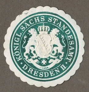 Marca sigillo Sassonia: RE. SASSONE. UFFICIO ANAGRAFE DRESDA II. - Foto 1 di 1