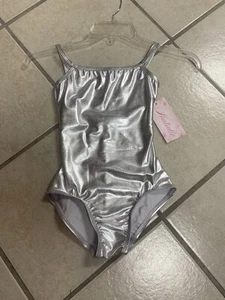 Childs Size 8/10 Silver Metallic Gymnastics Dance Bodysuit Camisole Leotard NWT - Picture 1 of 3