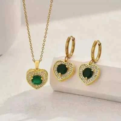 2.00Ct Round Cut Wedding Jewelry Set Simulated Emerald 14K Yellow Gold Plated - Image 1 of 4