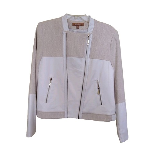 OFF WHITE Giacca crop in tweed Ellen Tracy Off bianca asimmetrica cerniera finta pelle taglia large