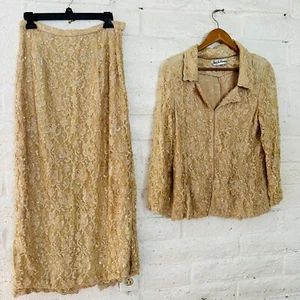 Vintage Judith Ann Creations Sz. S Sequin  2 Piece Beige Golden Skirt Set - Picture 1 of 13