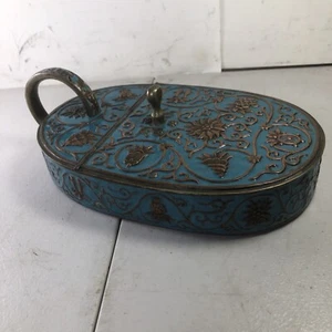 Vintage Asian Lift Top Crumb Catcher Ashtray Floral Pattern China Turquoise Bras - Picture 1 of 12
