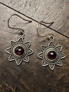 Garnet Sun Earrings set In 925 Sterling Silver - Made In India - Picture 1 of 4