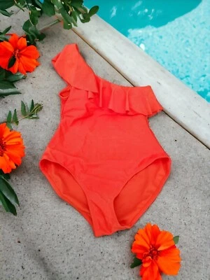 Traje de Baño Jones New York M Naranja Brillante Un Hombro Una Pieza Volantes Natación Nuevo  Foto 1 de 4