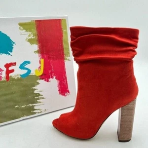 FSJ Red Stylish Peep Toe Slouch Ankle Boots Chunky Stacked Heels Party Prom Shoe - Picture 1 of 7