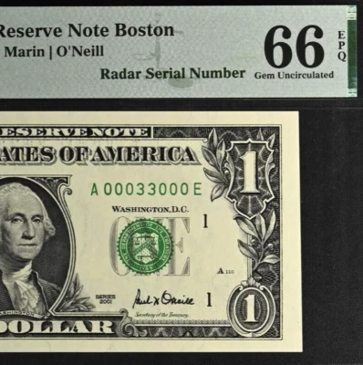 2001 $1 FRN PMG 66EPQ gem birthday super radar serial number 00033000 - Image 1 of 3