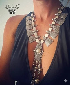 Grande collana Boho dichiarazione etnica argento, orientale gotico medievale collier - Foto 1 di 8