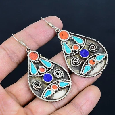 Orecchino nepalese tibetano argento sterling 925 corallo turchese... - Immagine 1 di 4