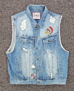 Legacy Edition Denim Vest Mens 3XL Blue Distressed Patch Biker Sleeveless Jacket - Picture 1 of 6