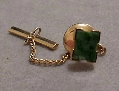 Green Jade rectangle gold-tone tie tack w/chain, Vintage, men's accessory  - Image 1 of 4
