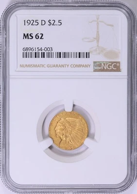 1925-D INDIAN HEAD QUARTER EAGLE $2.5 GOLD NGC MS62 - Image 1 of 3