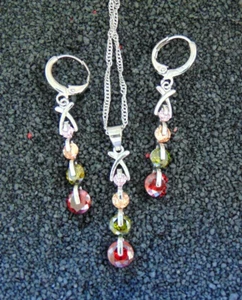 925 Silber Schmuck Set Stab Tropfen Bunt Kette Anhänger Creolen Herz Liebe neu - Bild 1 von 9