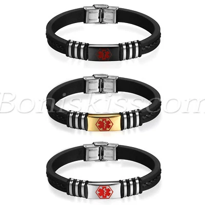 Men's Stainless Steel Silicone Rubber Medical Alert Logo ID Bracelet Bangle Cuff - Image 1 of 2