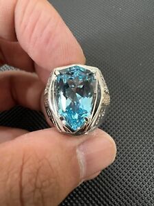 Natural Blue Topaz Gemstone 18k White Gold Ring For Men 5218