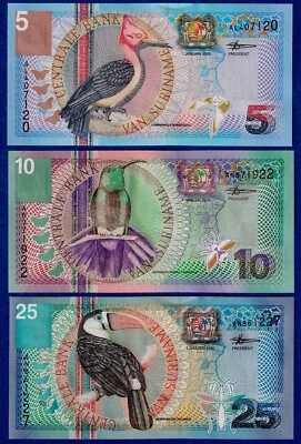 Suriname 2000 Set - 5, 10, 25  Gulden (2000)  P- 146,147,148 UNC Banknotes-Birds - Image 1 of 4