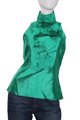De Colección Ralph Lauren Top Verde Esmeralda Colección Etiqueta Negra 100% Seda Volantes Talla 10 Foto 1 de 4