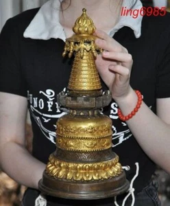 Antiguo budismo tibetano bronce dorado ocho tesoros Buda estupa pagoda torre estatua - Imagen 1 de 8