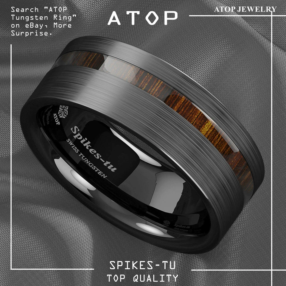 8mm Black Brushed Tungsten Carbide Ring Off Center Koa Wood ATOP Wedding Band - Image 1 of 4