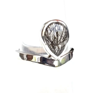 Natural Black Rutile quartz Ring Rutilated quartz Ring 925 Sterling Sliver-RU004 - Picture 1 of 5