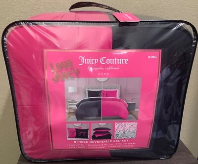 Juego de edredón reversible Juicy Couture negro/rosa intenso 8 piezas KING con sábanas de leopardo Foto 1 de 4