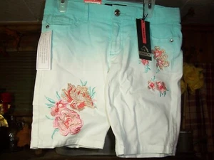JORDACHE GIRLS AQUA FLOWER DESIGN BERMUDA SHORTS SIZE 12 ADJUSTABLE WAIST CASUAL - Picture 1 of 2