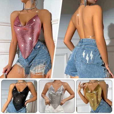 Women Sexy Sequined Tank Backless Glitter Beach Top Party Wear Tank Top - Image 1 of 4