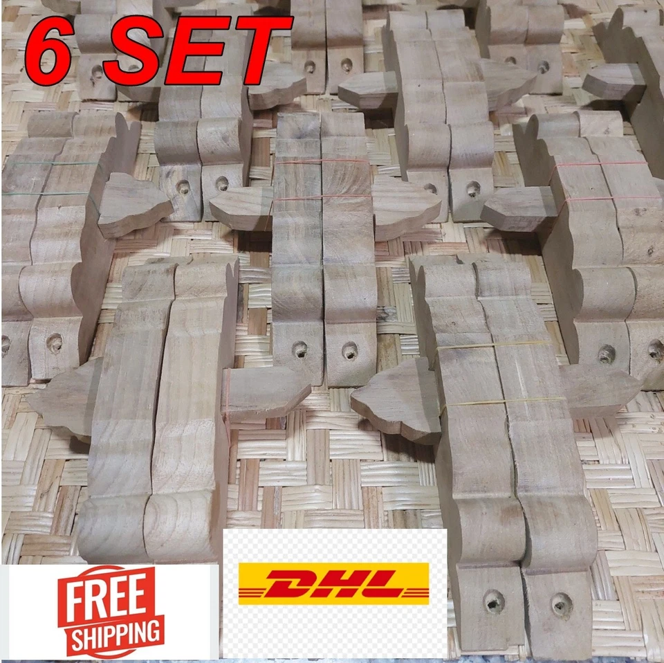 Wooden Door Locks Bolts Handles Teak Thai Handmade Antique Home Decor 6 Set - Image 1 of 4