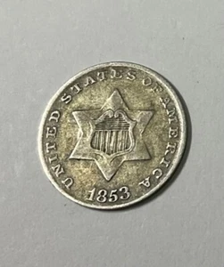 1853 USA 3 Cents Silver a decent mid grade Type Coin Check pix! Nice original - Picture 1 of 2