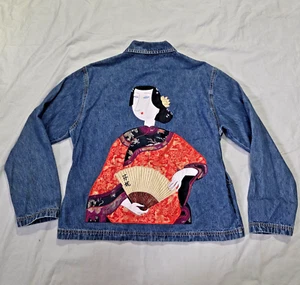 Chicos Design VTG Y2K COTTON Denim Jean Jacket w/ Patchwork Asian Geisha Sz 1 - Picture 1 of 16