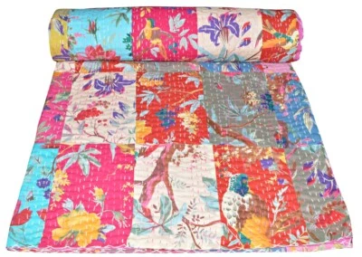 Colcha edredón Kantha estampado de pájaros a mano floral indio doble retazos colcha edredón Foto 1 de 4