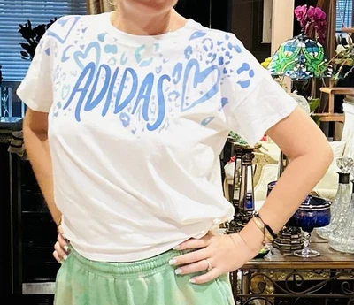 New $35 Adidas Big Girls' Short Sleeve Loose Fit Visit Front Tie Tee  XL 14- 16 - Image 1 of 4