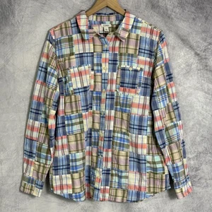 L.L.Bean Womens top L madras Plaid Patchwork Button up LS preppy beach nautical - Picture 1 of 10
