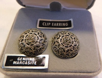 Brincos de prata esterlina genuínos com clipe de marcasita novos na caixa 925 - Imagem 1 de 4