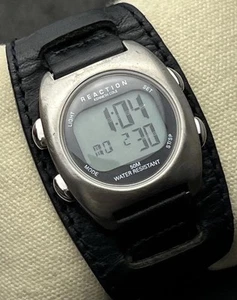 Vintage KENNETH COLE Reaction Men’s 40mm Digital Watch Steel Bundt Black Leather - Picture 1 of 19