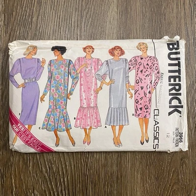 80s Loose Fitting Flounce Hem Dress Size 12 Bust 34 Butterick 3966 - Image 1 of 4