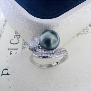 Elegante anillo de perlas verdes negras redondas tahitianas 925s (sp) 9-10 mm - Imagen 1 de 3