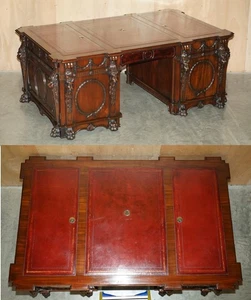 FULLY RESTPORED THOMAS CHIPPENDALE LIONS HEAD CARVED TWIN PEDESTAL PARTNER DESK - Picture 1 of 24