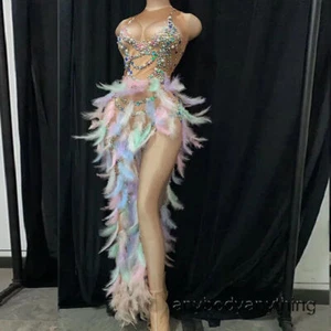 Langes Kleid Damen mehrfarbig Pailletten Strass Federn Sänger Bühne Kostüm - Bild 1 von 19