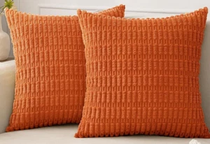 Pr 20x20 Chenille Corduroy Corn Stripe Textured Pillow Covers Terracotta Orange - Picture 1 of 2