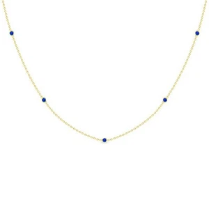 3,2 mm Runde Einfassung Set Saphir 5 Stein Station Halskette 14K Gelbvergoldet - Bild 1 von 8
