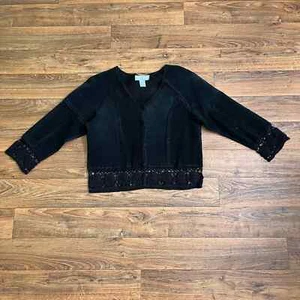 Vintage 90s Black Suede Leather Jacket or Shirt with Floral Crochet Details S - Picture 1 of 13