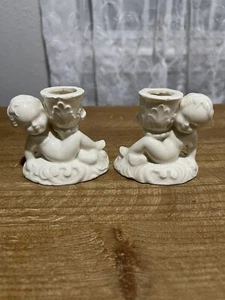 Tapered Candle Holders Cherub Angels Pair Vintage White Ceramic Italian Luster - Picture 1 of 6