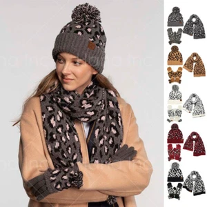 C.C 3pc Set Women Trendy Animal Leopard Jacquard Knit Beanie Gloves Scarves Set - Picture 1 of 25