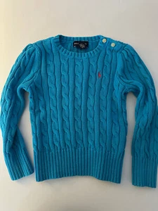 POLO RALPH LAUREN blue cotton cableknit crewneck sweater Girl's 5 - Picture 1 of 2